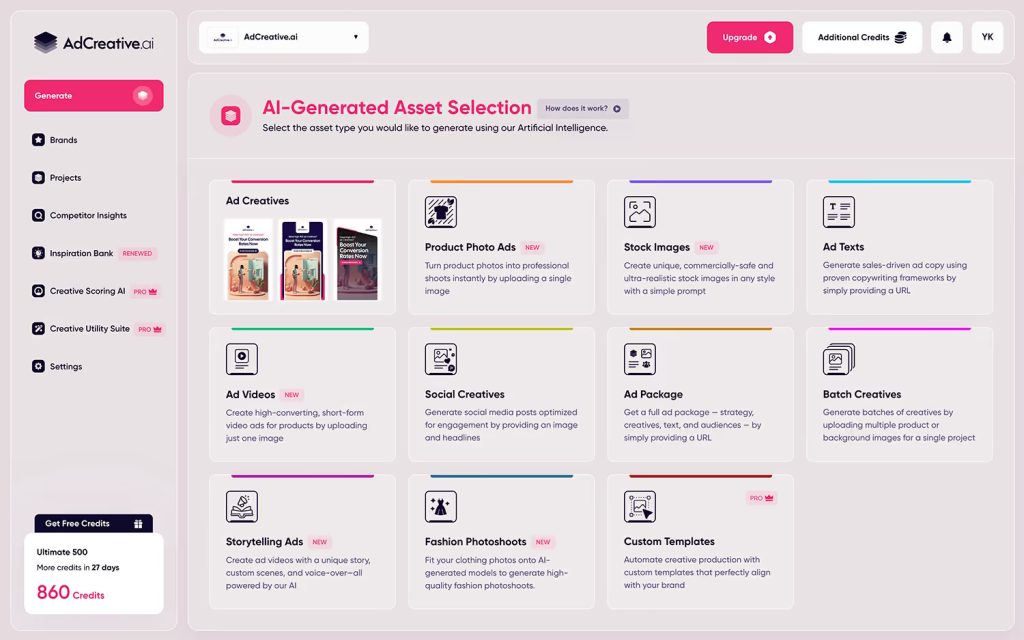AdCreative.ai AI-Generated Asset Selection dashboard with options for ad creatives, product photo ads, and stock images.