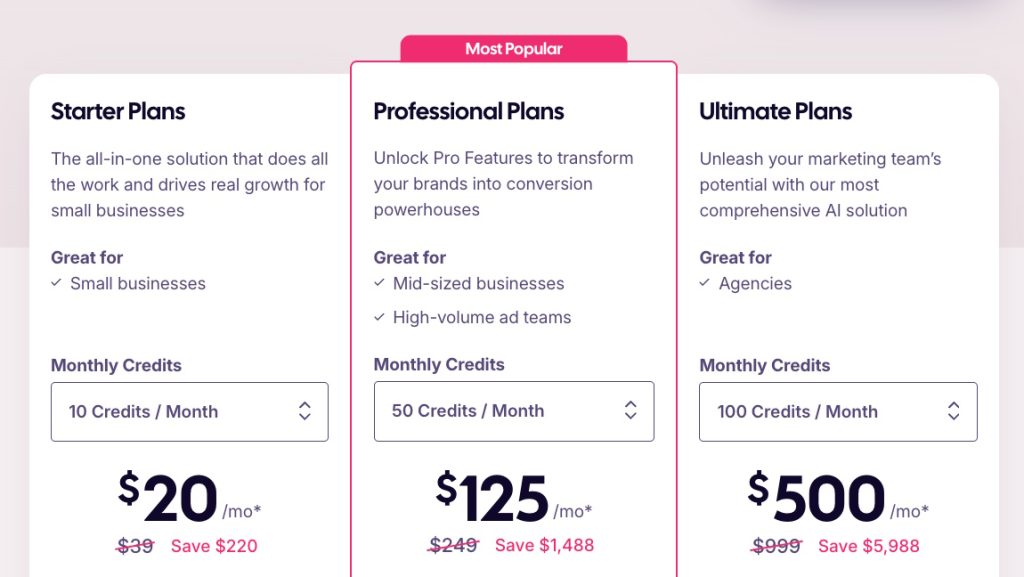 AdCreative.ai’s pricing packages, which start at $20/month with annual billing