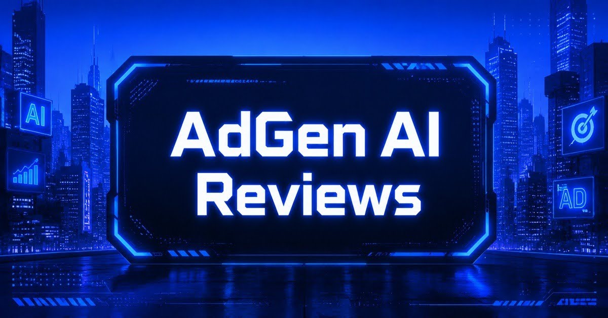 AdGen AI Reviews banner set against a blue cyberpunk cityscape with AI, analytics, and ad icons.
