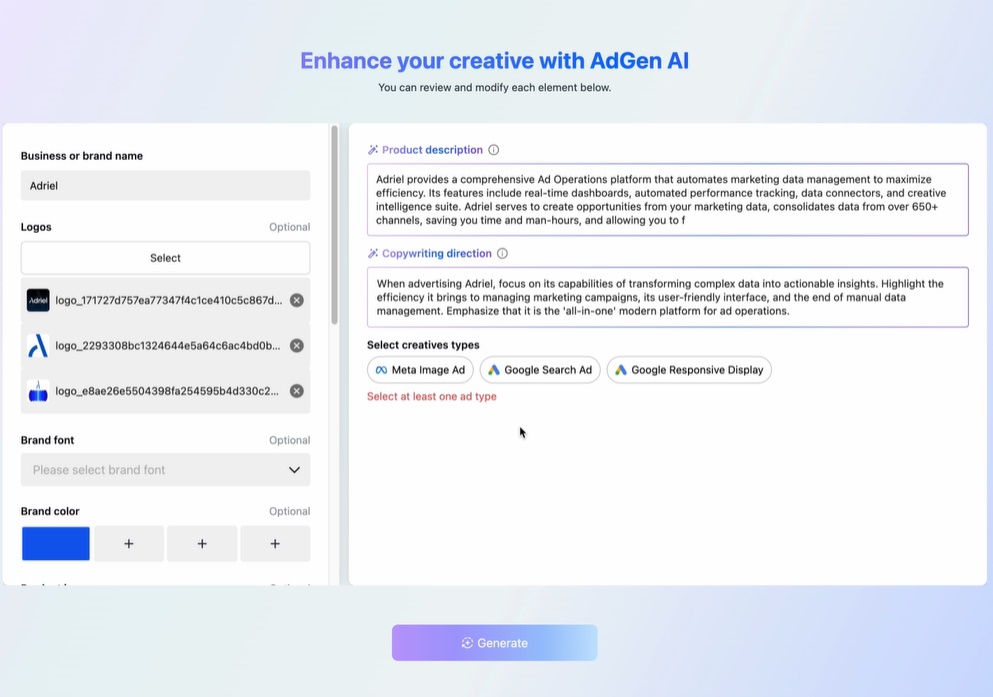 AdGen AI ad generation interface showing AI-generated product description and ad type options.