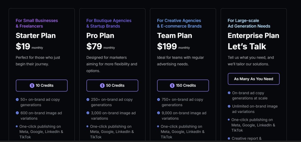 AdGen AI ad generation interface showing pricing plans.