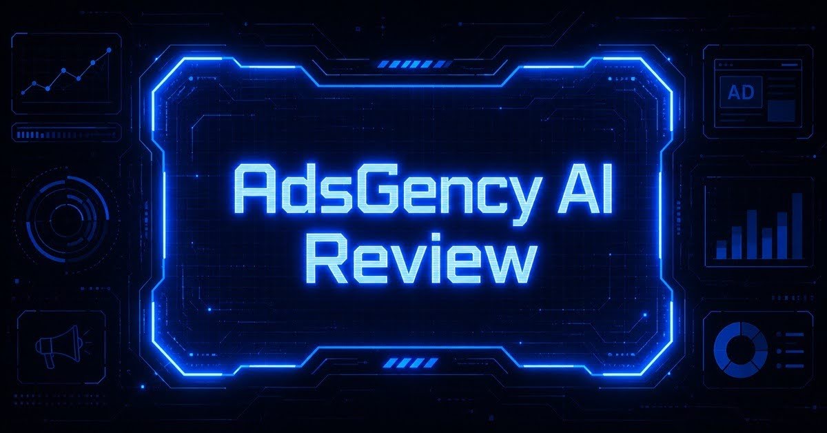 AdsGency AI Review banner, surrounded by icons for analytics, ad creatives, charts, and reporting.