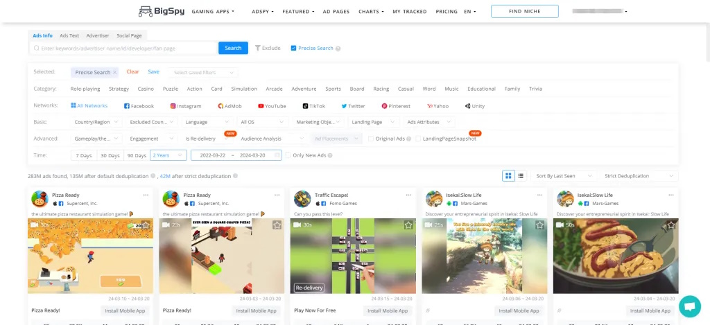BigSpy ad search dashboard showing filters for category, networks, and time ranges.