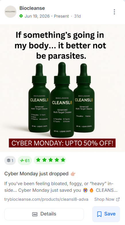 Biocleanse Cyber Monday ad showing three bottles of CleanSl8 liquid drops with "Up To 50% Off" banner.
