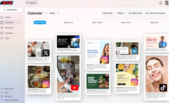 Blaze AI content calendar displaying scheduled social media posts across five days and multiple platforms.