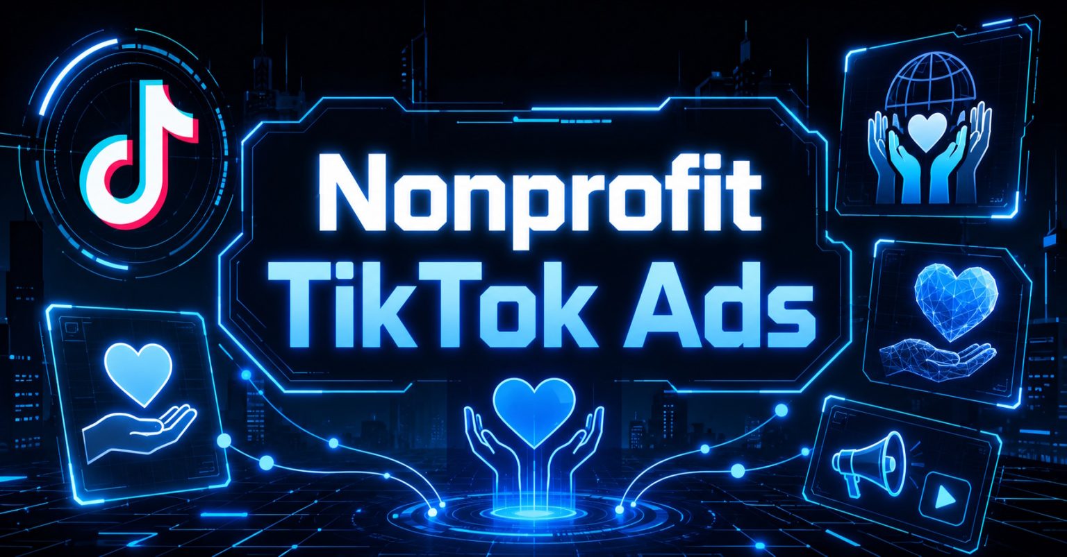 Blue "Nonprofit TikTok Ads" banner with TikTok logo, hearts, hands, and megaphone icons.