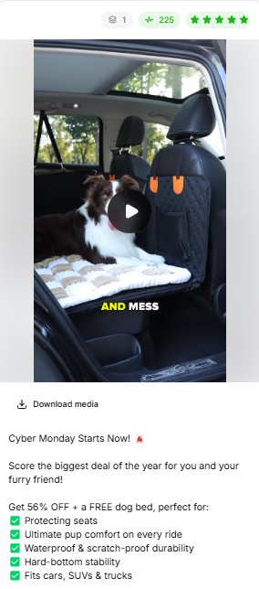 Cyber Monday video ad showing a dog resting on a waterproof car seat cover bed in the back of an SUV.
