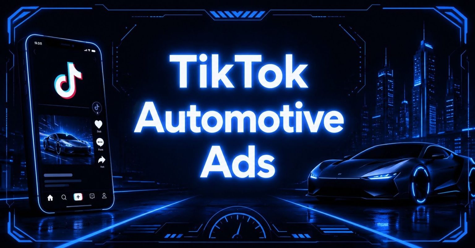 Cyberpunk TikTok automotive ads graphic with neon car and smartphone