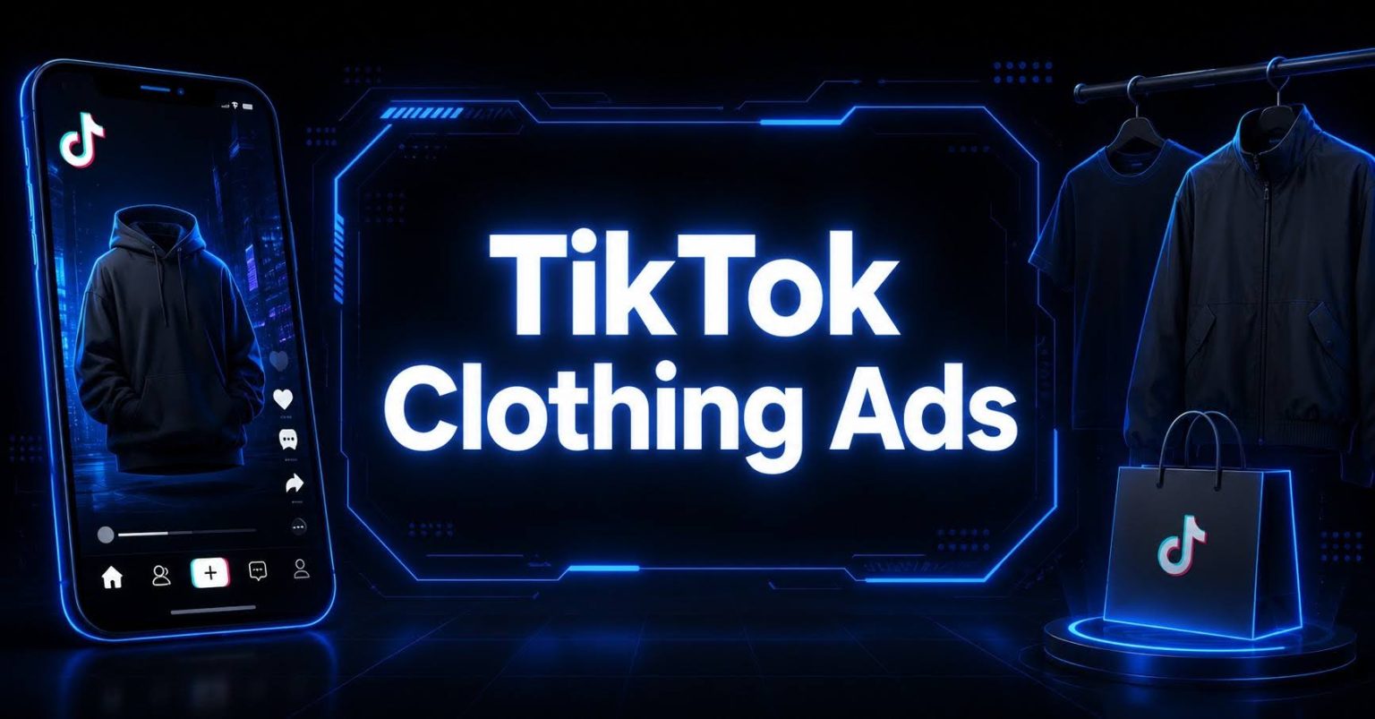 Cyberpunk TikTok clothing ads graphic with neon apparel marketing visuals