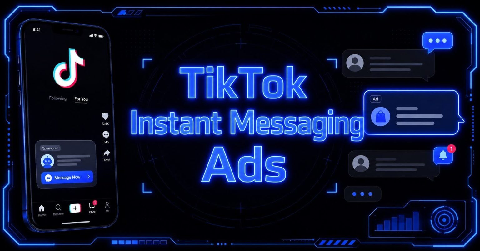 Cyberpunk TikTok instant messaging ads graphic with neon smartphone and chat interface.