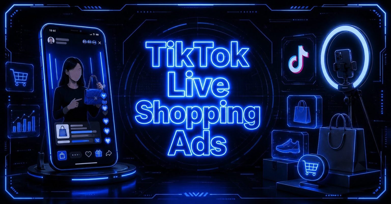 Cyberpunk TikTok live-shopping ad graphic with a neon phone and retail icons.
