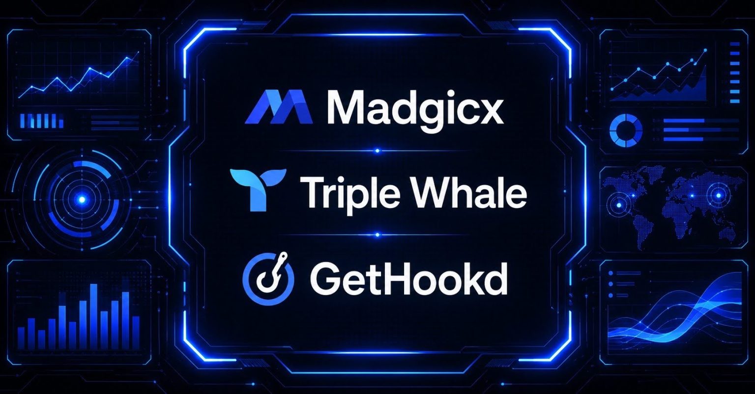 Cyberpunk dashboard comparing Madgicx, Triple Whale, and GetHookd tools