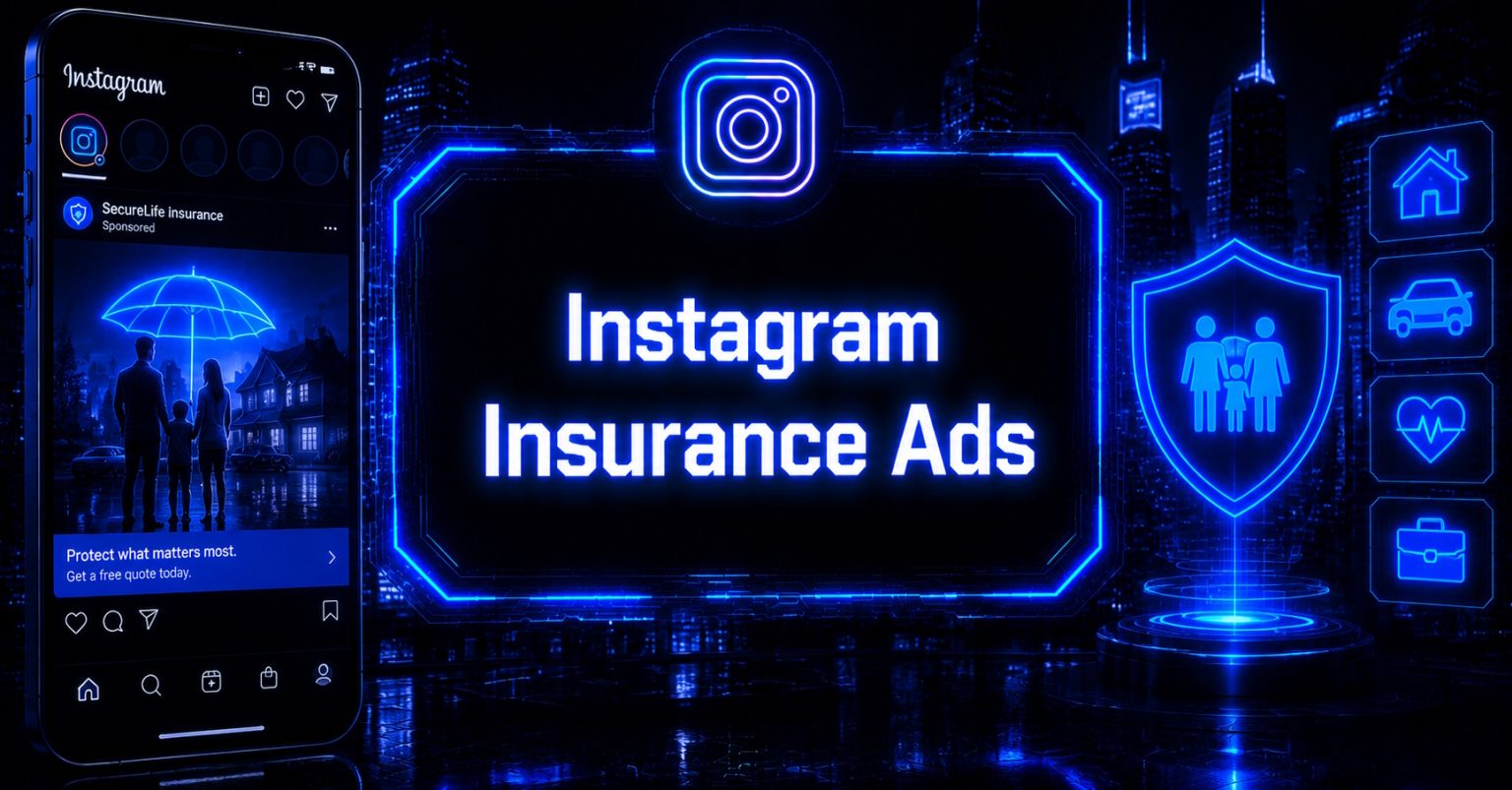Cyberpunk futuristic illustration of Instagram insurance ads.