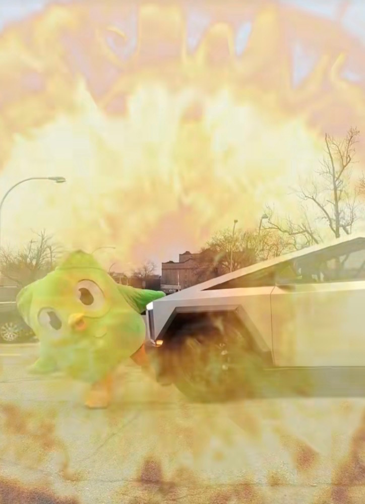 Duolingo owl mascot struck by a Tesla Cybertruck amid a dramatic explosion, in a chaotic lo-fi scene.