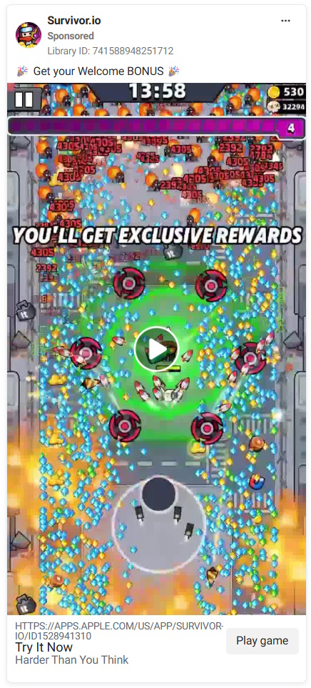 Facebook mobile game ad showing top-down shooter gameplay with colorful effects and the text "You'll Get Exclusive Rewards."