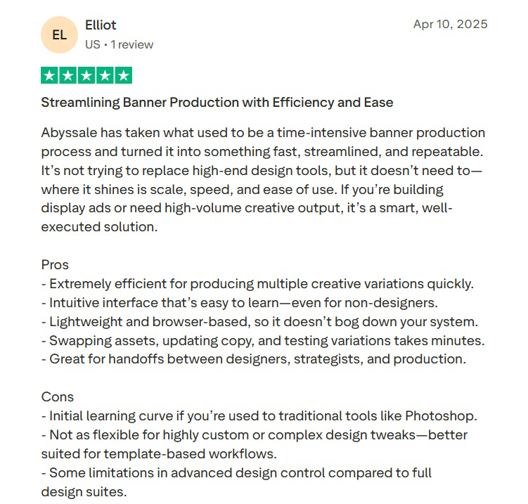 Five-star Trustpilot review highlighting Abyssale's efficiency for banner production and ease of use.