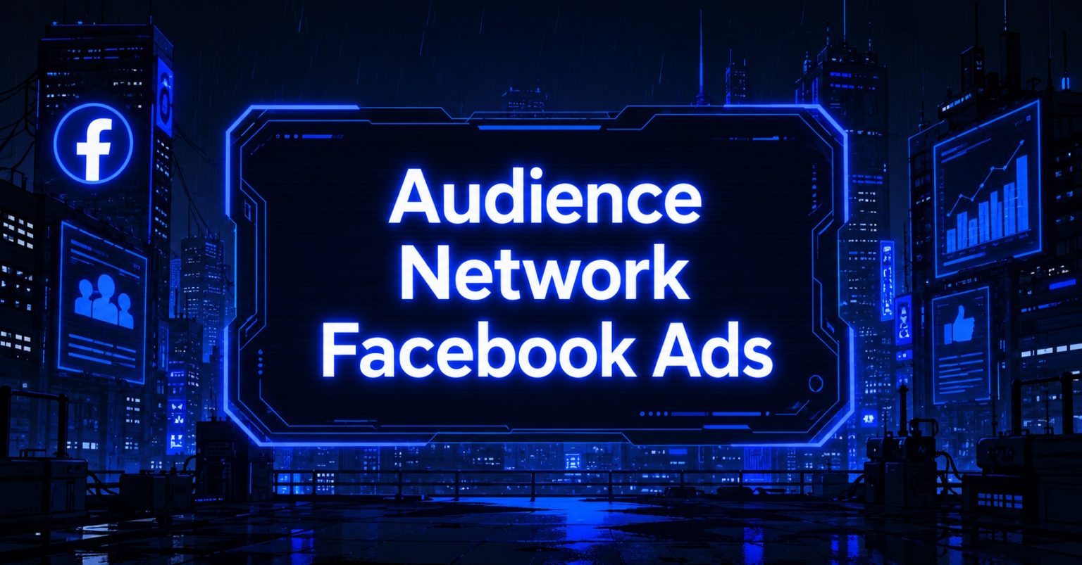 Futuristic blue digital cityscape with "Audience Network Facebook Ads" text and Facebook logo, representing Meta's extended ad placement network.
