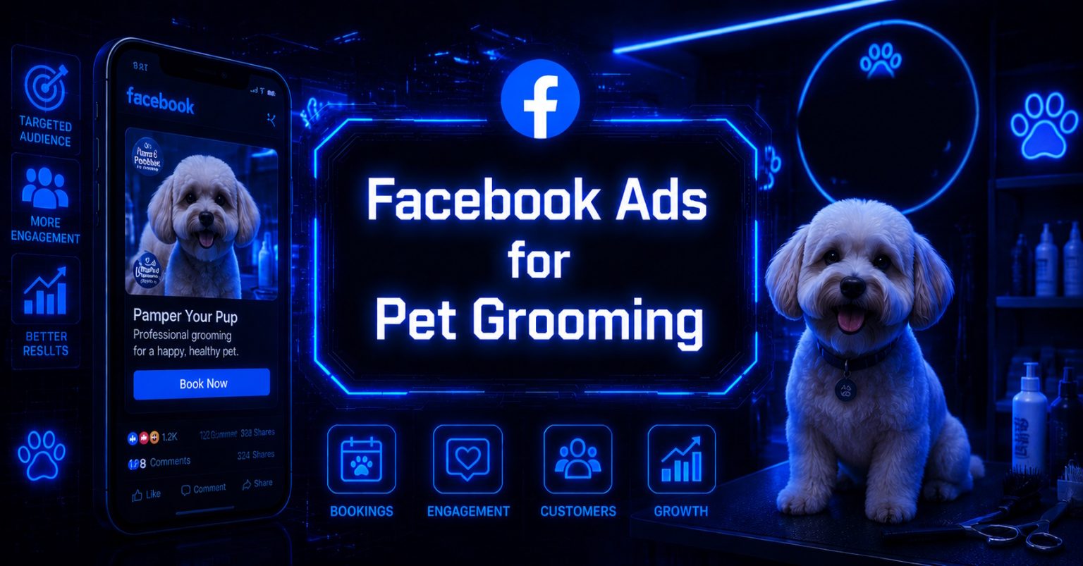 Futuristic illustration of Facebook ads for pet grooming.