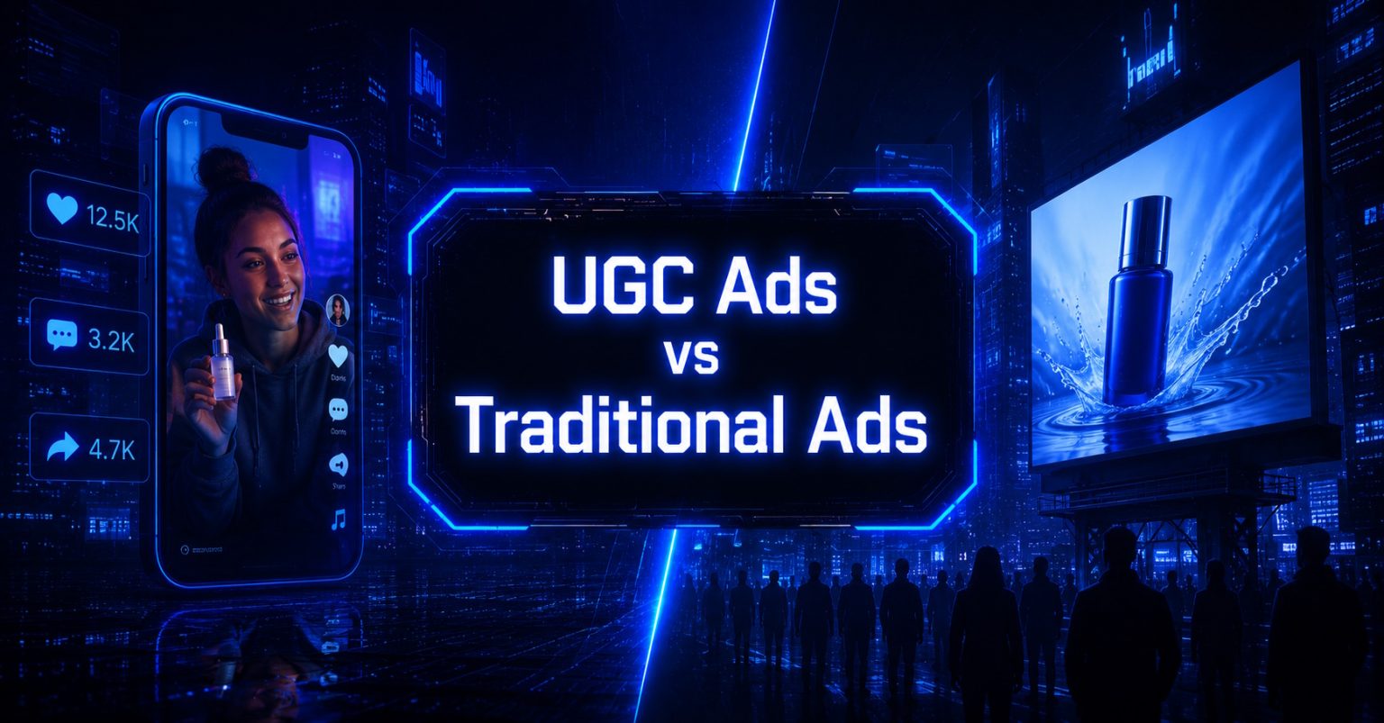 Futuristic illustration of a UGC vs Traditional ads comparison.