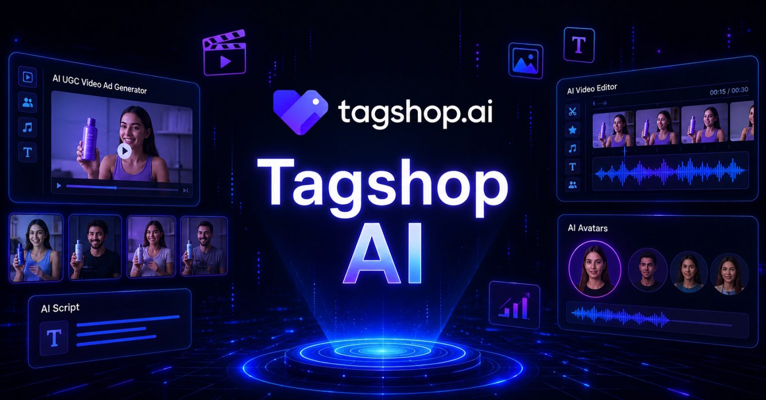 Futuristic illustration of a poster with the words “Tagshop AI,” showing the platform’s core features.