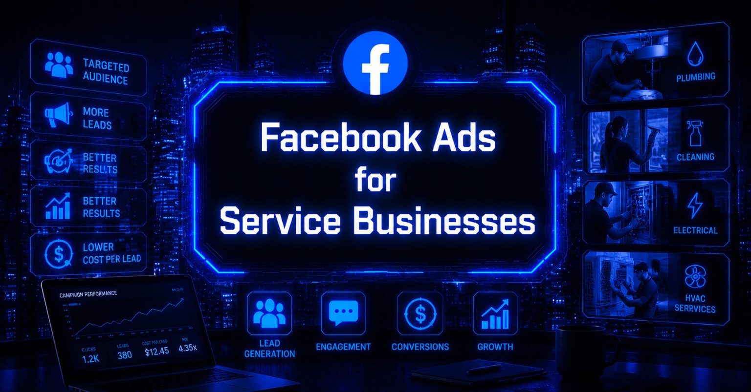 Futuristic illustration showing “Facebook Ads for Service Businesses.”