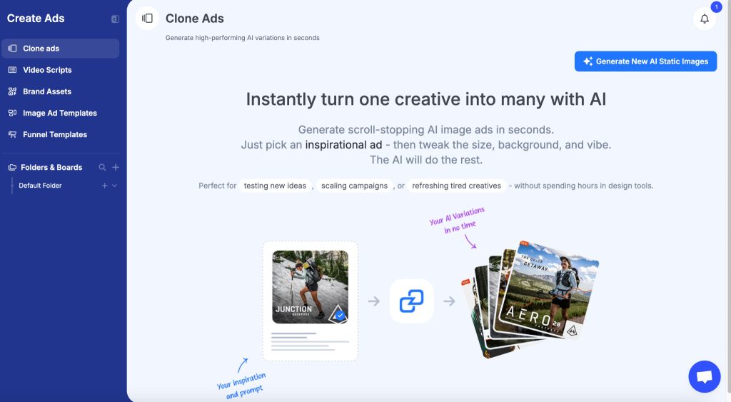 GetHookd Clone Ads dashboard displays how a single inspirational ad transforms into multiple AI-generated image variations.