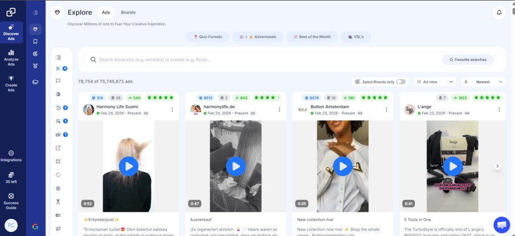 GetHookd Explore Ads dashboard displaying ad search results across niches like beauty and haircare.