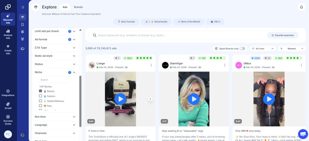 GetHookd Explore Ads dashboard showing beauty-niche video ads.
