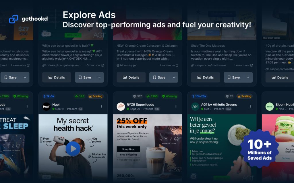 GetHookd "Explore Ads" dashboard showing saved ad cards.