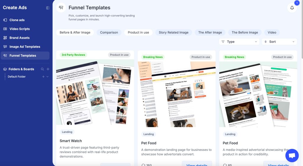 GetHookd Funnel Templates dashboard showing landing page templates for smart watches and pet food.