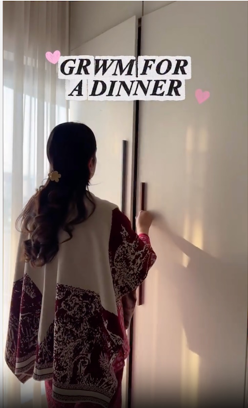 Girl opening her closet for a “GRWM for dinner” TikTok clothing ad