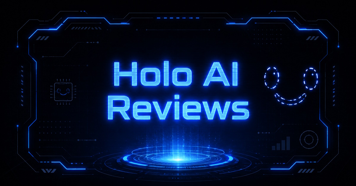 Holo AI Reviews banner displayed inside a neon blue futuristic frame against a dark digital backdrop with a glowing hologram base.