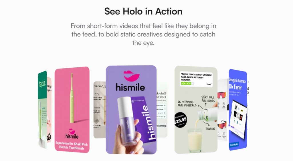 Holo AI sample gallery showing branded ad creatives.