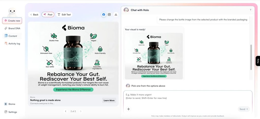 Holo's interface showing an AI-generated Bioma probiotic ad being refined via the Chat with Holo panel.