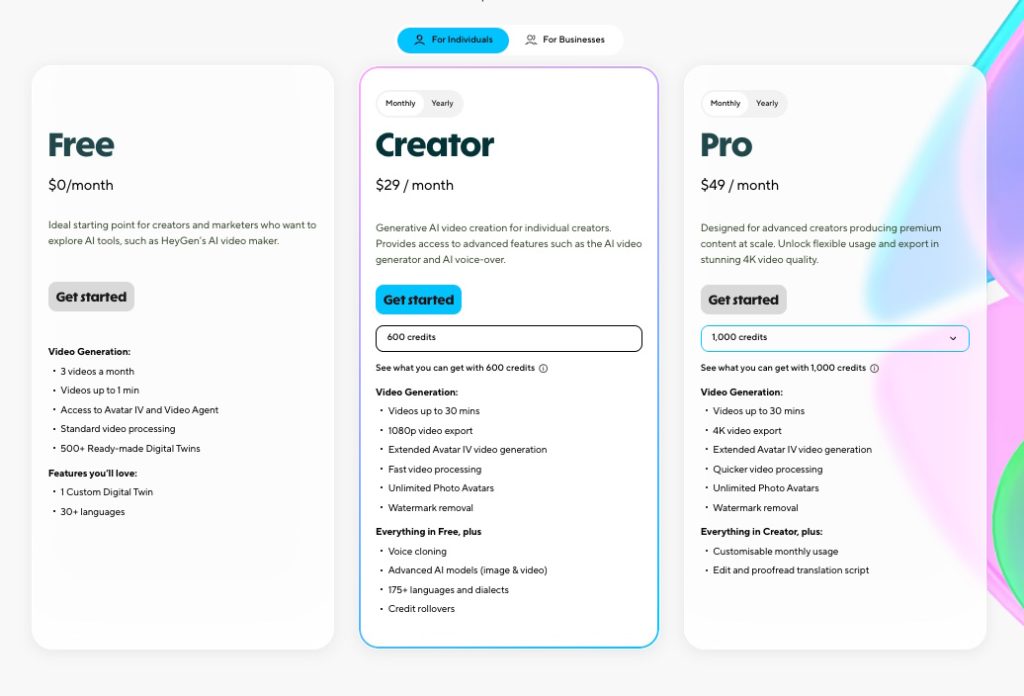 Individual pricing plans at HeyGen