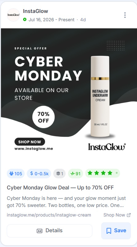 InstaGlow Cyber Monday Facebook ad on a dark background showing a 70% OFF offer.