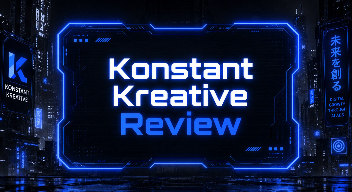 Konstant Kreative review banner with the brand name displayed inside a neon blue futuristic frame.