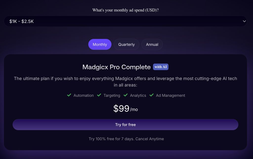 Madgicx Pro monthly cost for firms with an ad spend of $1000 to $2,500