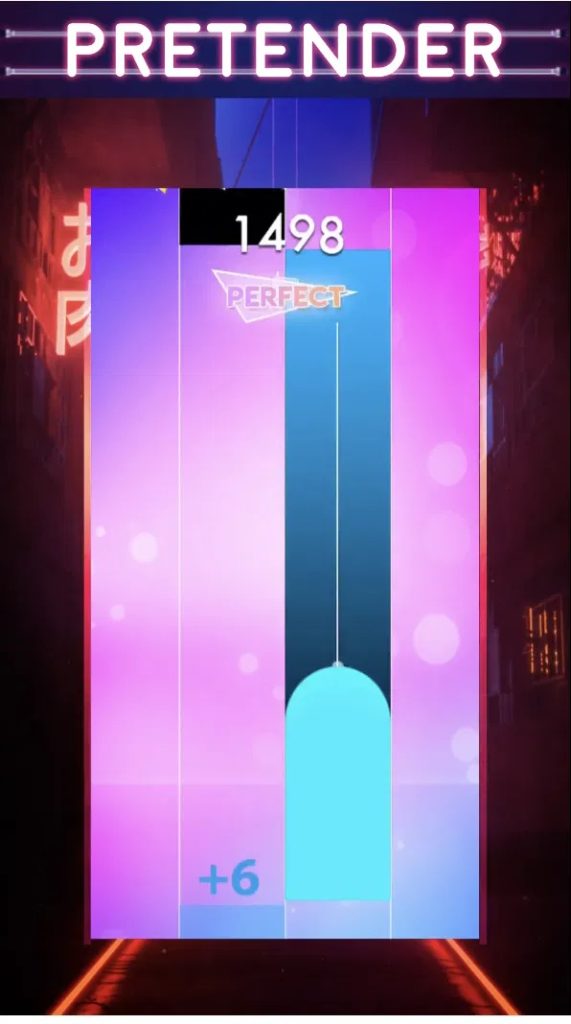 Magic Tiles 3 TikTok playable ad: piano-tile rhythm gameplay set to the Japanese hit "Pretender," showing falling tiles, a "Perfect" timing hit, and a live score, illustrating tap-in-time playable creative.