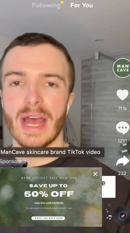 Man speaks to camera in a TikTok skincare ad with a 50% off sale banner.