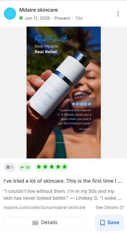 Mdaire Skincare ad showing a smiling customer with a five-star review quote overlaid on the image.