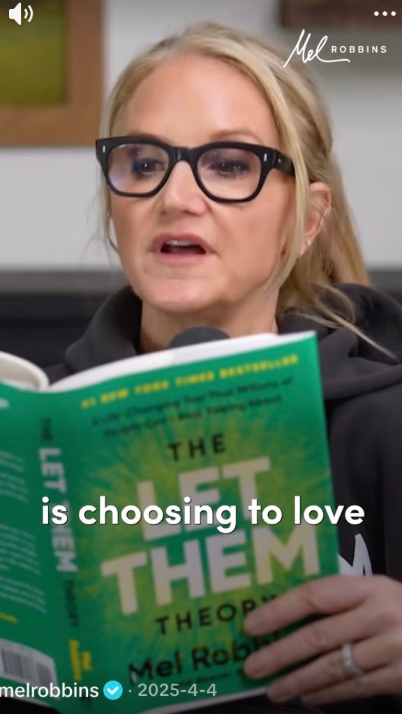 Mel Robbins in a TikTok ad holding up the green "Let Them Theory" book.