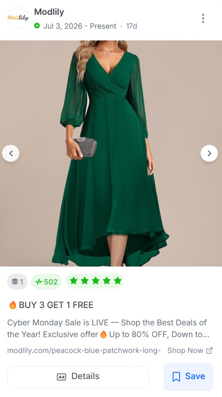 Modlily Cyber Monday Facebook carousel ad showing a model in an emerald green high-low chiffon dress.