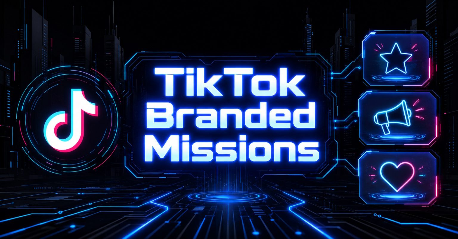 Neon "TikTok Branded Missions" logo with TikTok icon, star, megaphone.