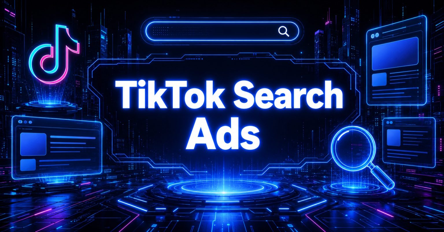 Neon "TikTok Search Ads" text with TikTok logo, search bar, and magnifying glass on futuristic background.