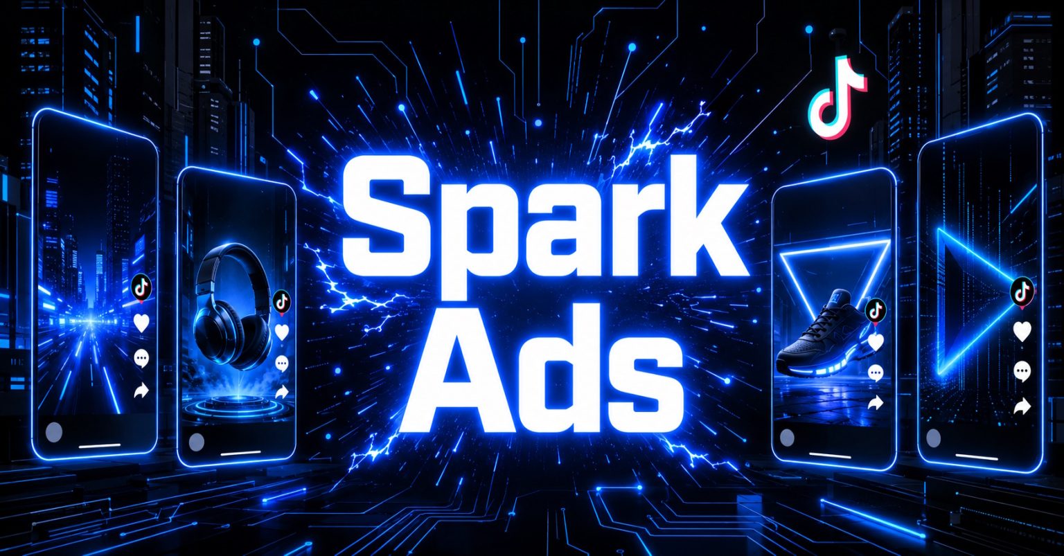 Neon blue "Spark Ads" text with TikTok logo and smartphones.