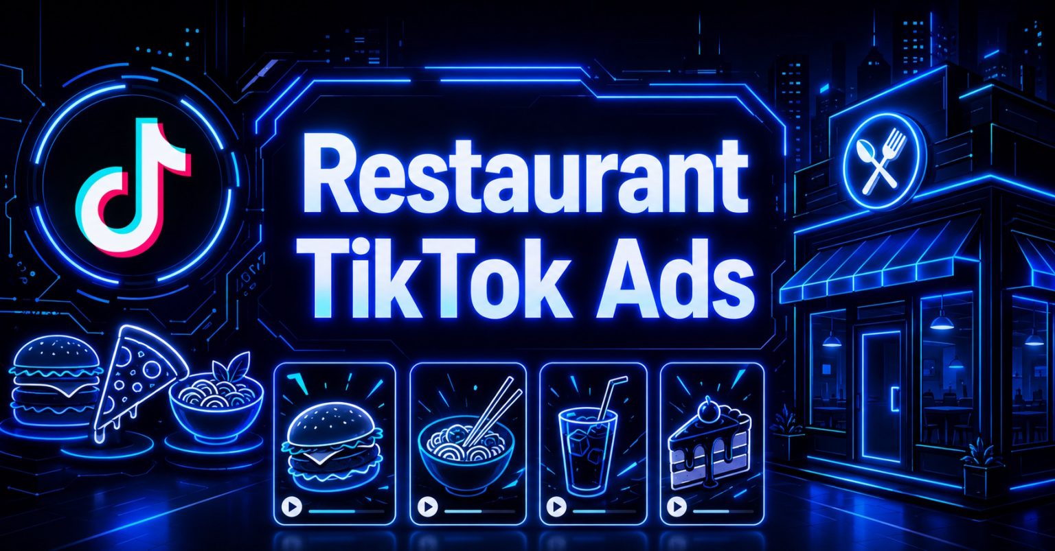 Neon blue graphic reading "Restaurant TikTok Ads" with TikTok logo.