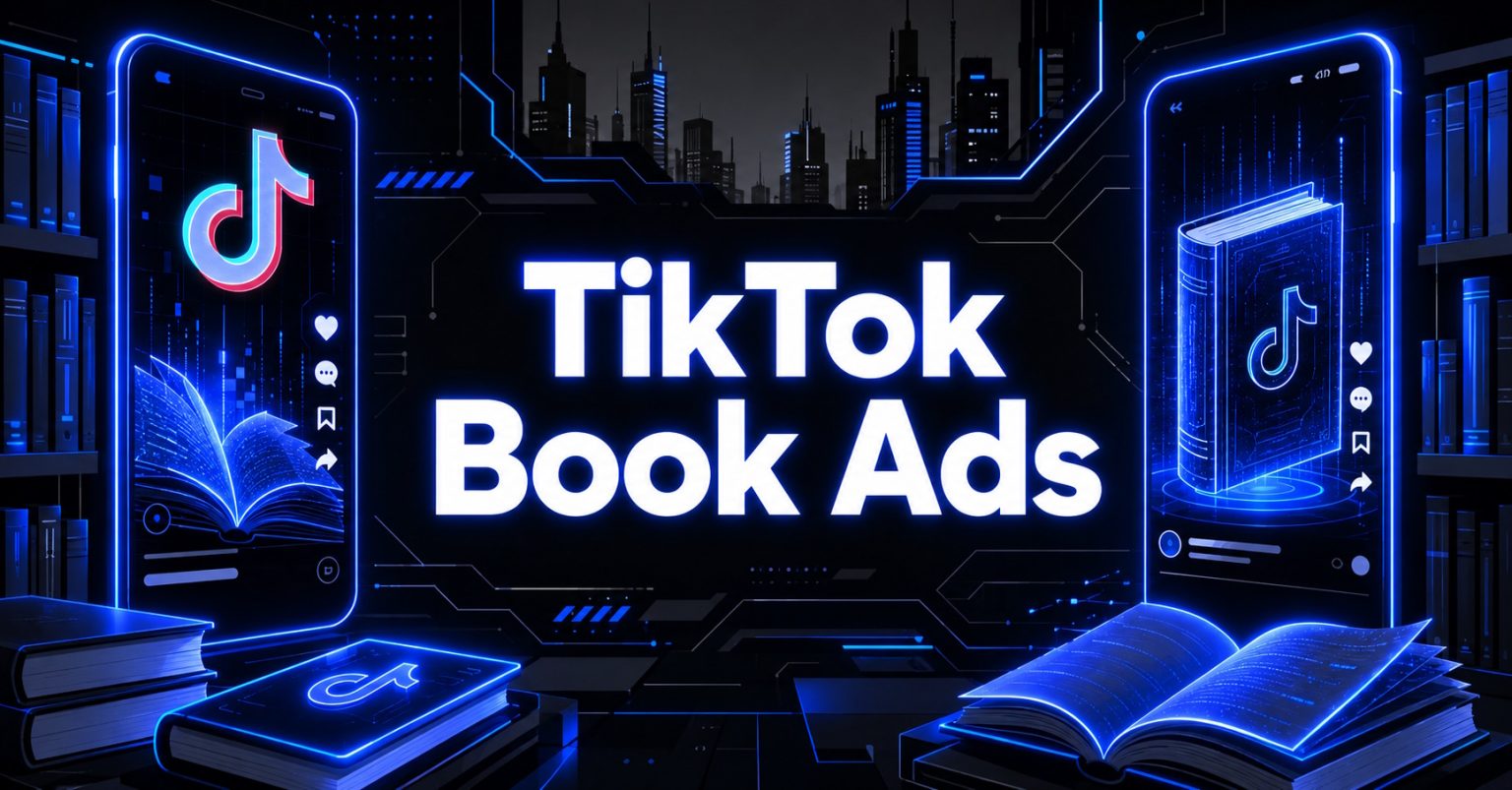 Neon-blue graphic reading "TikTok Book Ads" with smartphones, glowing books, and a city skyline.