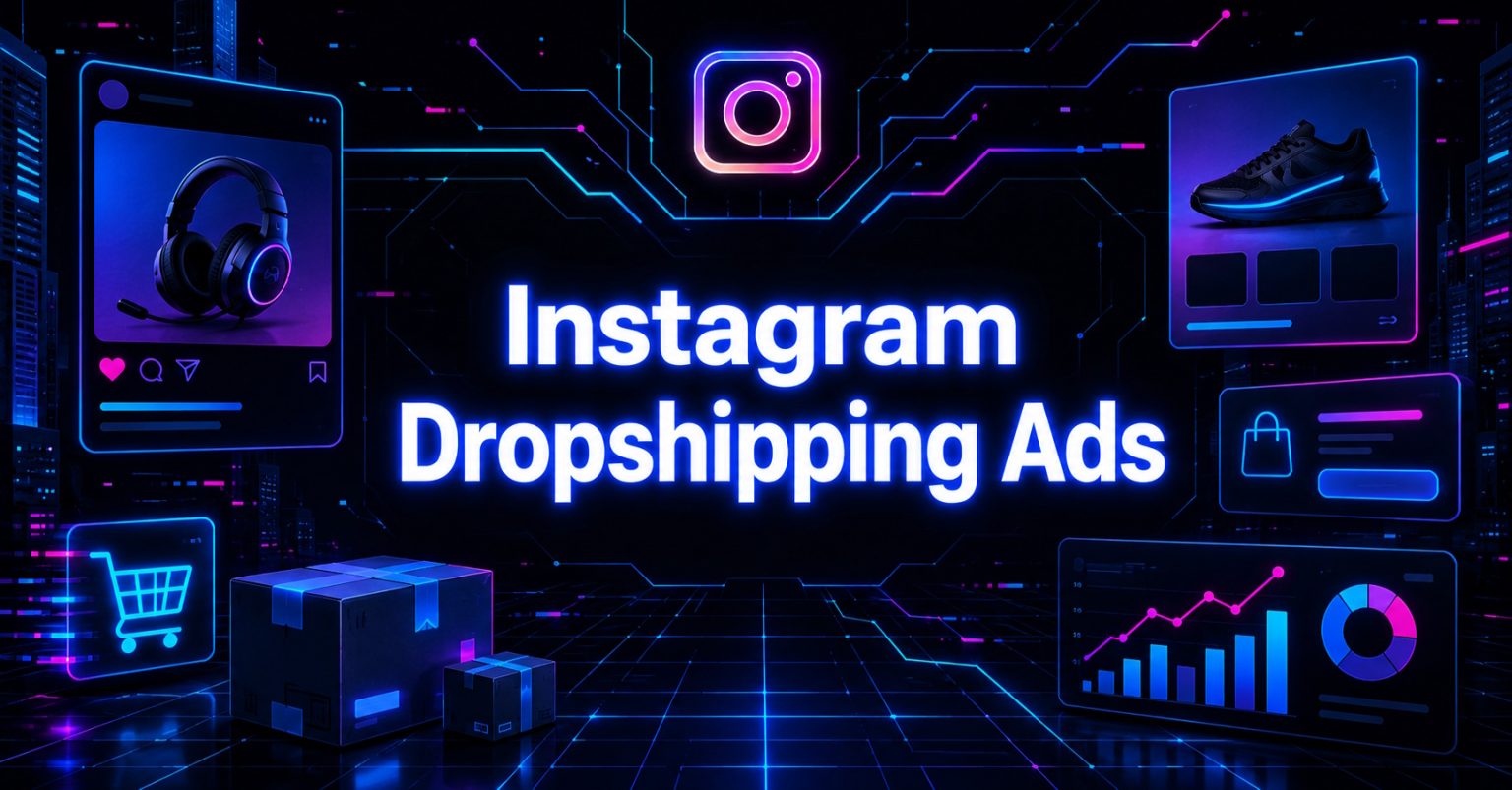 Neon graphic illustrating Instagram Dropshipping Ads with e-commerce icons and product posts.