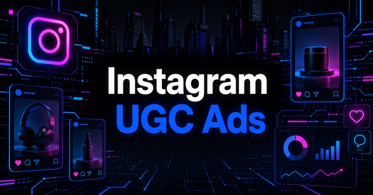 Neon-lit "Instagram UGC Ads" banner.